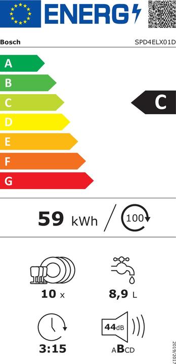 Energie-Label Bosch Hausgeräte Bosch Serie 4, Vollintegrierter Geschirrspüler, 45 cm, SPD4ELX01D