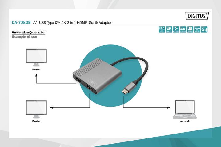 Image du produit Digitus Adaptateur graphique USB Type-C HDMI 4K 2-en-1 (USB-C, 6 cm)