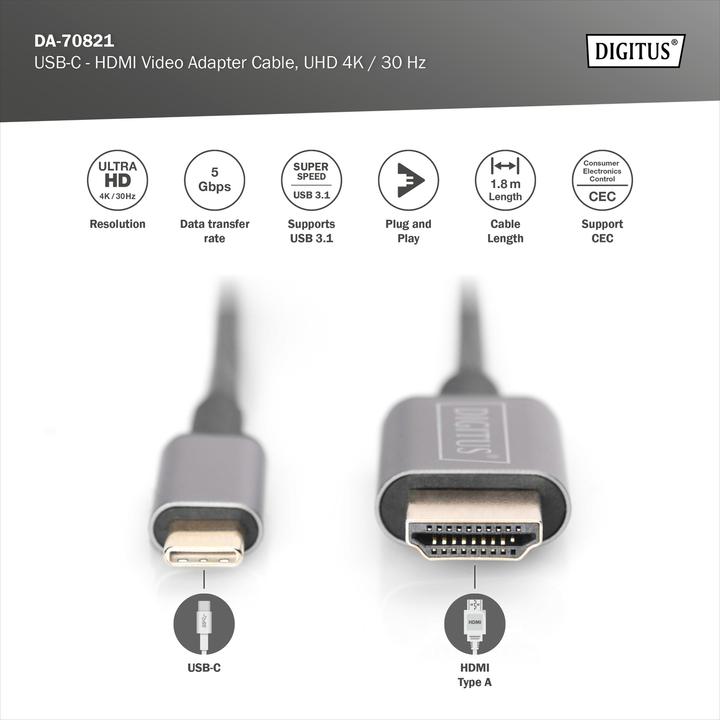 Produktbild Digitus USB Typ C — HDMI (Typ A) (1.80 m, USB Typ C)