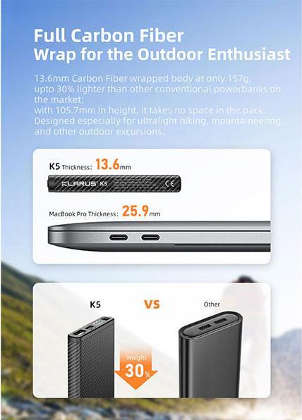 Image du produit Klarus K5 - Banque de puissance étanche et ultralégère (10000 mAh, 22.50 W, 385 Wh)