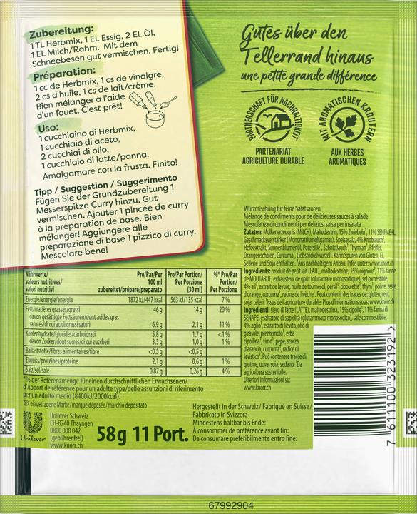 Valeurs nutritives et ingrédients Knorr Herbmix (63 g)