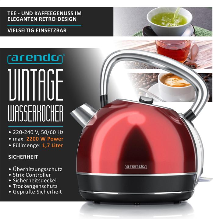 Immagine prodotto Arendo Bollitore da 1,7 l, 2200 W, acciaio inox, stile retrò, vintage, protezione contro il (1.70 l)