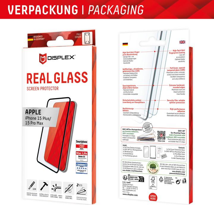 Produktbild Displex Real Glass, Full Cover Panzerglas (1 Stück, Apple iPhone 15 Pro Max, Apple iPhone 15 Plus)