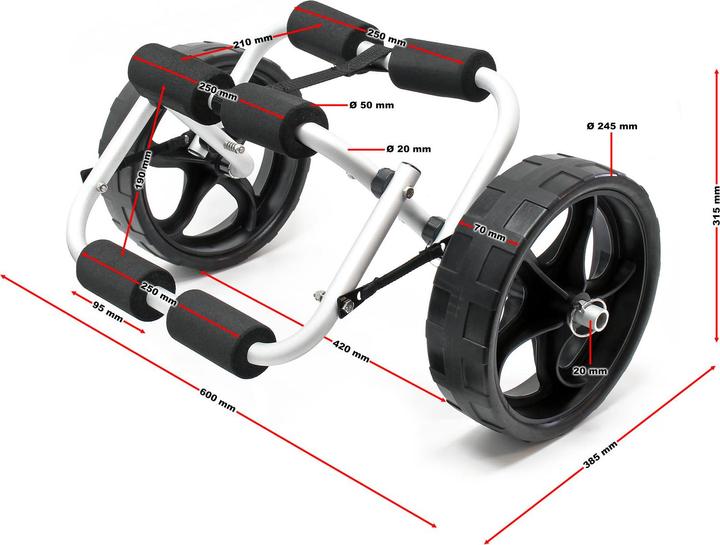 Actual product image Wiltec Foldable Aluminium Transport Trolley max. 45kg with PU Wheel & Nylon Belt for Canoes