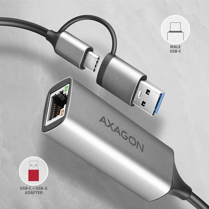 Image du produit Axagon ADE-TXCA, USB-C + USB-A 3.2 Gen 1 - Gigabit Ethernet s????ov?? karta, Asix AX88179, auto instal (USB-C, USB, RJ45 (1x))