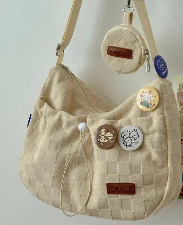 Actual product image Only-Bags.Store Crossbody Bag Solid Colour Plaid Print Large Capacity Shoulder Bag Cute Handbag