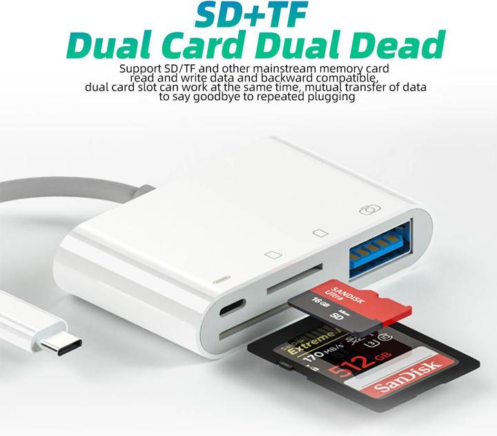 Produktbild PhoneLook USB-C-Lesegerät für SD- & Micro-SD-Speicherkarten und USB (4 in 1) für MacBook & iPad