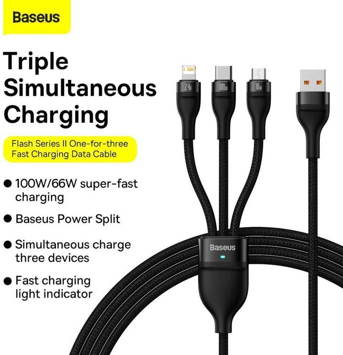 Actual product image Baseus 3in1 USB cable Flash Series, USB-C + micro USB + Lightning, 100W, 1.2m (black) (1.20 m, USB 3.2 Gen 1)