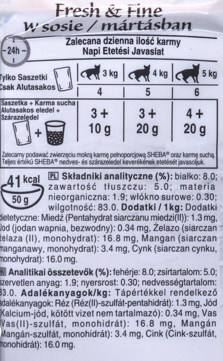 Valeurs nutritives et ingrédients Sheba Fresh & Fine Mini plats de poisson en sauce 6 x 50g (Senior, 6 pcs, 300 g)