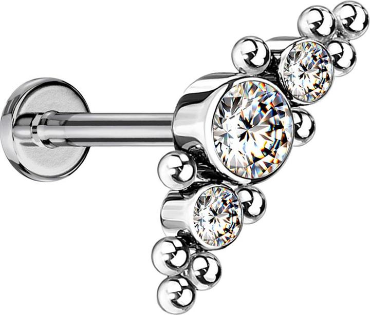 Immagine prodotto Star Piercing Micro Threadless Labret argento con palline e tre cristalli argento (senza ottone, Titanio G23)