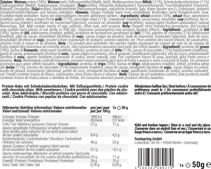 Nährwerte und Zutaten Foodspring Protein Cookie (Chocolate chip, 12 Stk., 600 g)