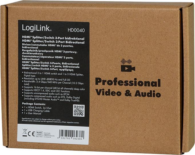 Image du produit LogiLink HD0040 HDMI Splitter 1x3/3x1 port, 4K/30 Hz, CEC,bidirect, pigtail