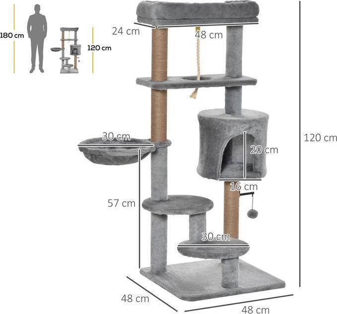 Image du produit Swisshandel24 Arbre à chat 120 cm tronc de jute, pour chats jusqu'à 5 kg, gris clair (120 cm, Gris clair+Beige)