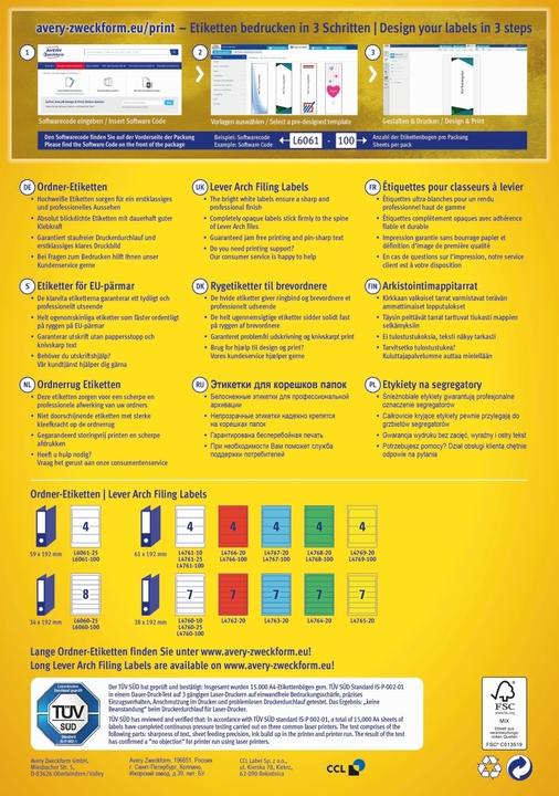 Nutritional values and ingredients Avery Folder labels