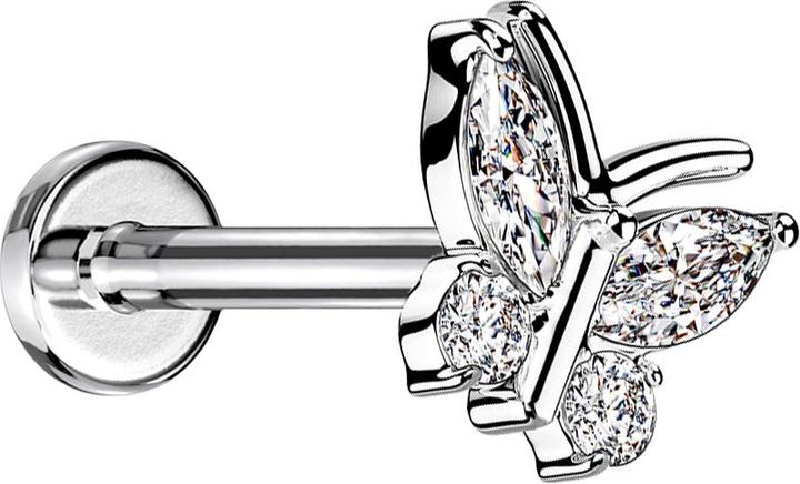Star Piercing Micro Labret Innengewinde silber Schmetterling vier Kristalle silber (Messing, Chirurgenstahl 316L)