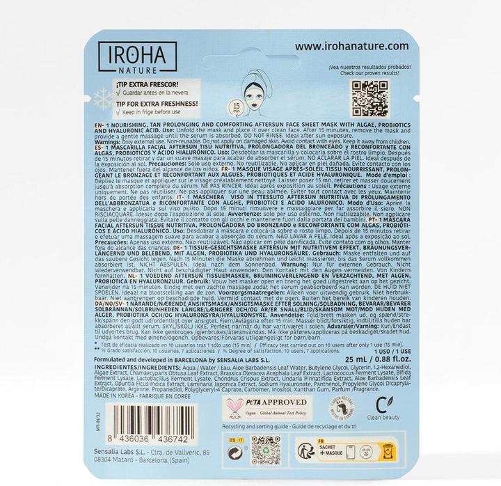 Nährwerte und Zutaten Iroha Nature Aftersun Sheet Mask Nourishing Long Lasting Tan (Gel, 25 ml)