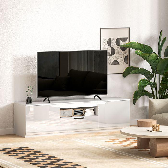 Actual product image Swisshandel24 Hochglanz TV-Lowboard für Fernseher bis 65 Zoll, 3 Fächer, Schublade, Weiss (160 x 38 x 43 cm)