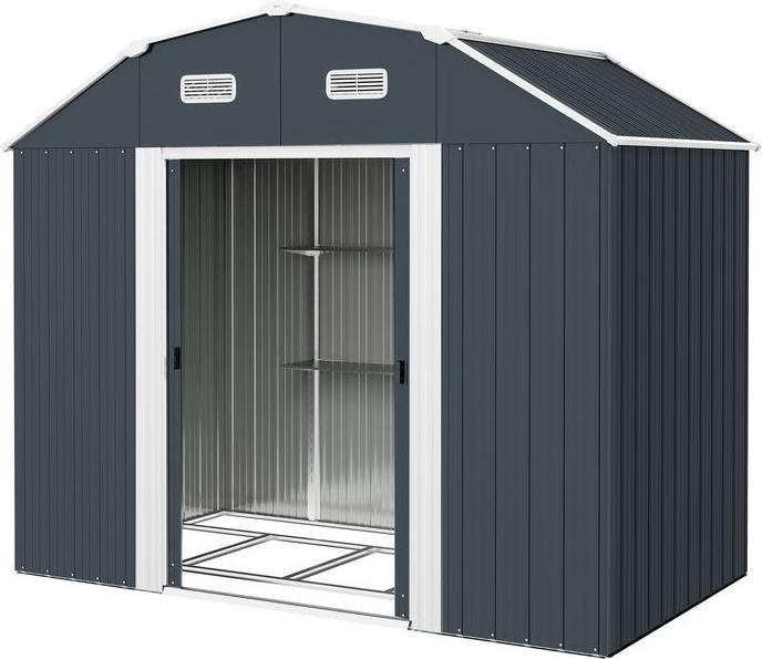 Produktbild Swisshandel24 Gerätehaus Stahl 2,7m² UV-Schutz 2 Schiebetüren Regal Fundament Dunkelgrau 238x132x198,5cm