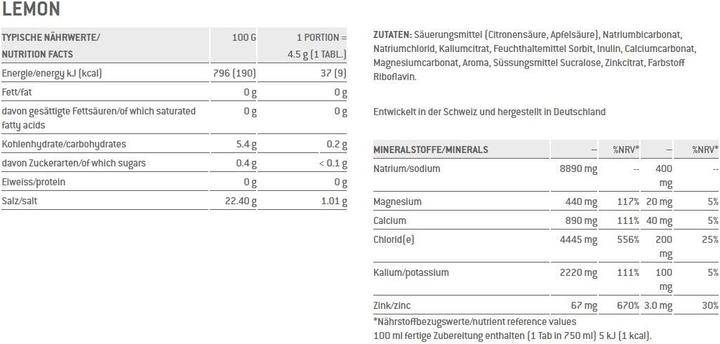 Valeurs nutritives et ingrédients Sponser Electrolytes (Citron, 12 pcs, 540 g)