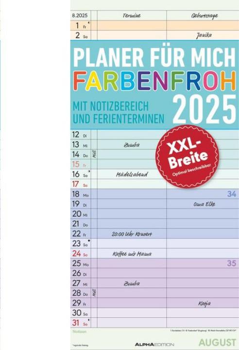 Immagine prodotto Alpha Edition Planner for me XL 2025 per la famiglia, 22x45cm, calendario familiare con 2 colonne per (22 x 45 cm, Copertina rigida, Tedesco)