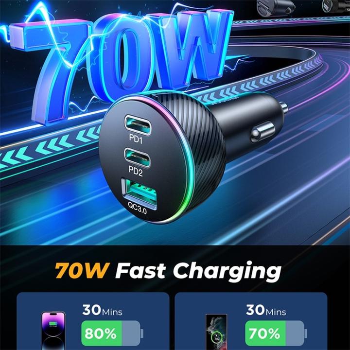 Image du produit Joyroom Chargeur de voiture PD multicolore avec USB-A+ 2 x USB-C 70W - Noir