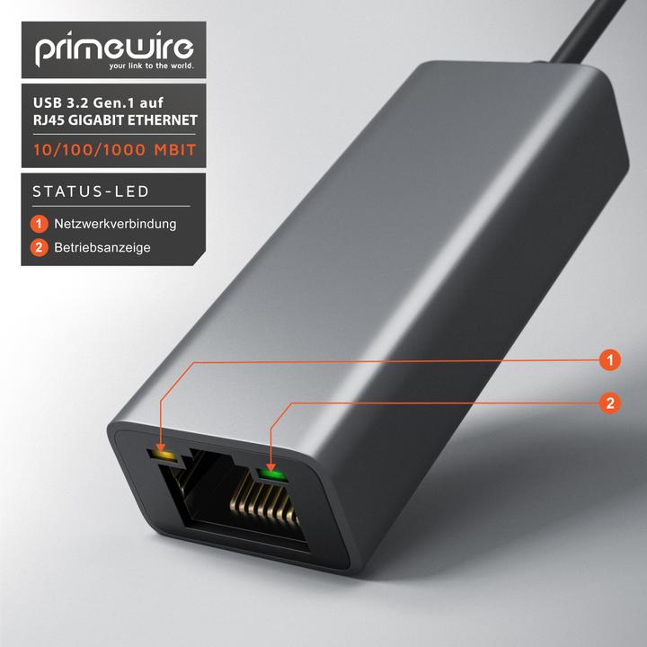 Produktbild Primewire Netzwerk Adapter USB Typ A zu RJ-45 Ethernet, USB 3.2 Netzwerkadapter extern mit Gigabit RJ45 Port (USB-C 3.2 Gen 1, RJ45 (1x))