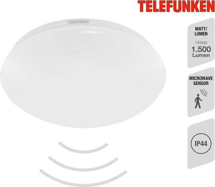 Actual product image Telefunken LED sensor ceiling light IP44 15W 1500m 4000 K neutral white HxØ 95/280 mm white (1500 lm)
