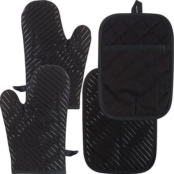 Rosenstein & Söhne 4er-Set Silikon-Anti-Rutsch-Ofenhandschuh & XL-Topflappen (Untermaterial: 100 % Polyester, Füllung: recycelte Baumwolle, Obermaterial: 100 % Baumwolle mit Silikon-Profil)
