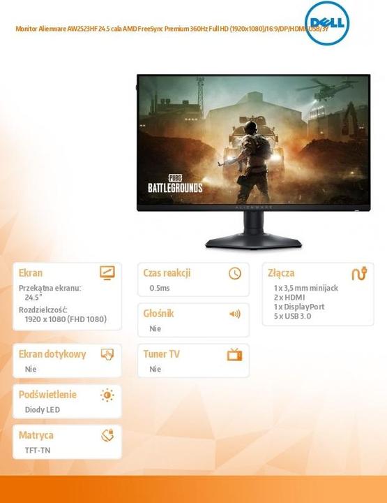 Image du produit Dell Alienware AW2523HF (1920 x 1080 pixels, 24.50")