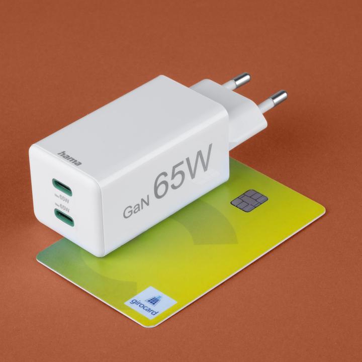 Actual product image Hama Fast charger, GaN, 2x USB-C, PD/Qualcomm®, mini charger, 65 W, white (65 W)