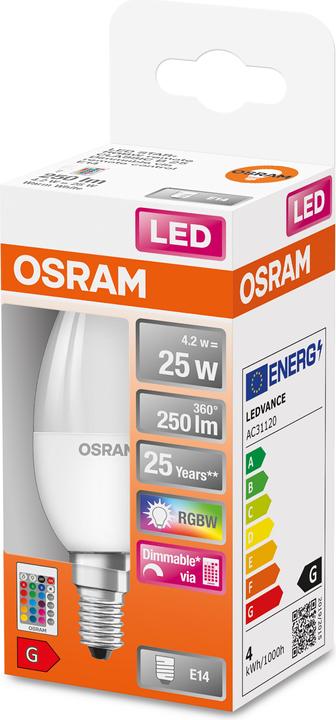 Immagine prodotto Osram Lampade a led retrofit Rgbw con telecomando (E14, 25 W, 250 lm, 1 x, G)