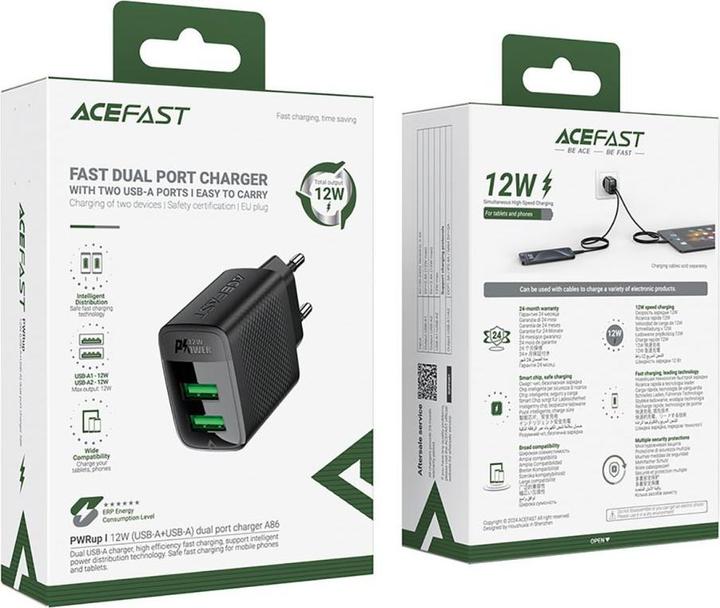 Produktbild Acefast A86 mains charger 2x USB-A 12W - black (12 W)