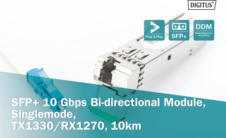 Produktbild Digitus SFP+ 10 Gbps Bi-direktional Modul Singlemode 10km Tx1330/Rx1270 LC Simplex Stecker mit DDM Feature
