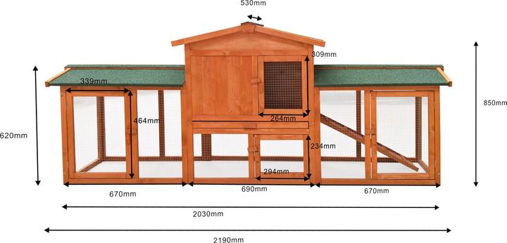 Actual product image Wiltec Rabbit hutch 2190x530x850mm Free-range enclosure Rabbit cage Small animal hutch Spruce