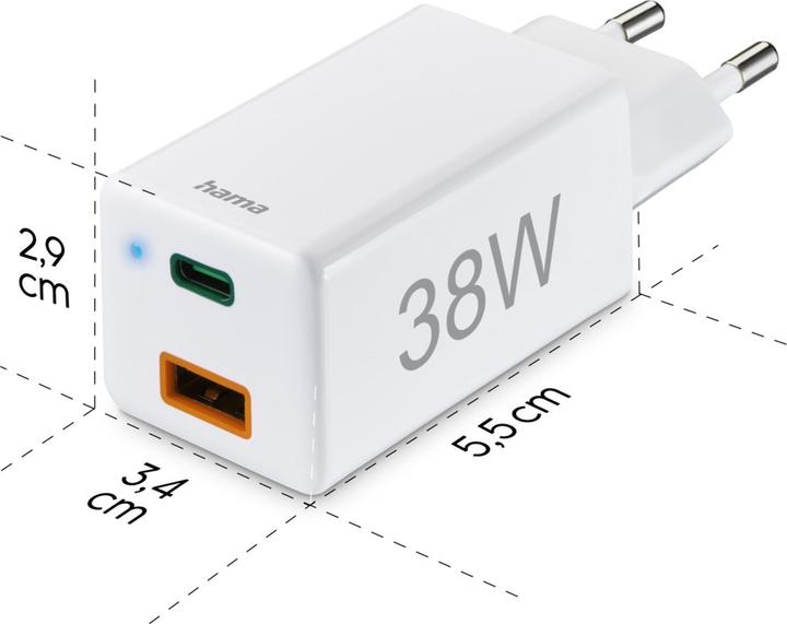 Actual product image Hama Mini Charger, GaN, USB-C Power Delivery (PD) + USB-A QC3.0, 38W, White (38 W)