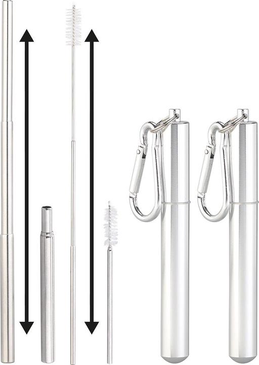 Produktbild Rosenstein & Söhne 2er-Set Teleskop-Edelstahl-Trinkhalme mit Bürste & Schlüsselanhängerbox (2 x)