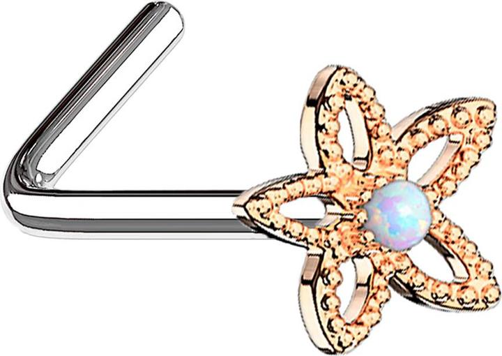 Produktbild Star Piercing Nasenstecker gewinkelt rosegold filigrane Opal Blume weiss (Chirurgenstahl 316L, Messing)