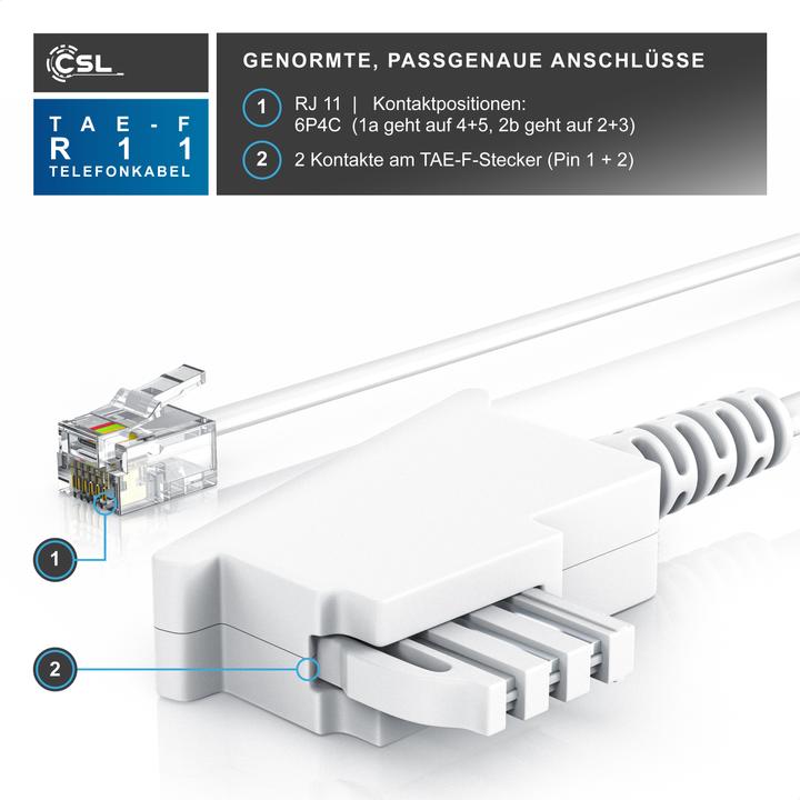 Immagine prodotto CSL Cavo telefonico piatto, spina TAE-F a RJ11, presa telefonica a telefono, cavo piatto, fax