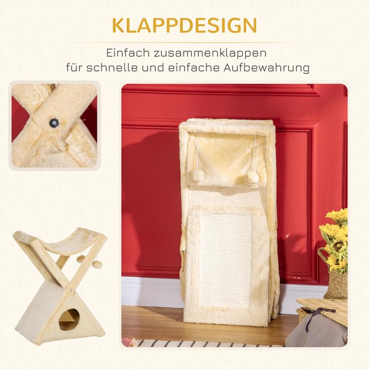 Produktbild PawHut Katzenturm mit Höhle und Hängematte (65 cm, Beige)