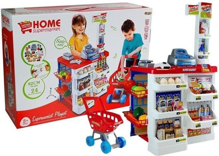 Produktbild Lean Toys Spielzeugmarkt mit Einkaufswagen, Registrierkasse, Scanner, Lebensmitteleinkauf
