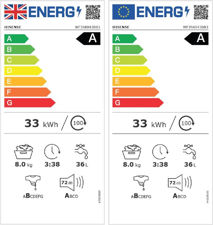 Energy Label Hisense Waschmaschine WF3S8043BB3 8kg A-30% (8 kg, Left)