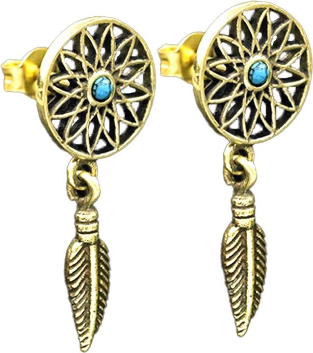 Produktbild Star Piercing Ohrstecker vergoldet Lotus Blume Türkis Stein Anhänger Feder (Mineralisch, Messing)