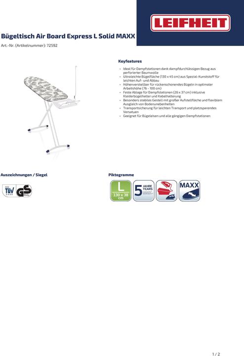 Produktbild Leifheit Bügeltisch Air Board Express L Solid MAXX (130 x 45 cm)