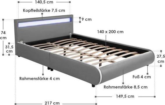 Image du produit Juskys Lit rembourré Sevilla avec LED (140 x 200)