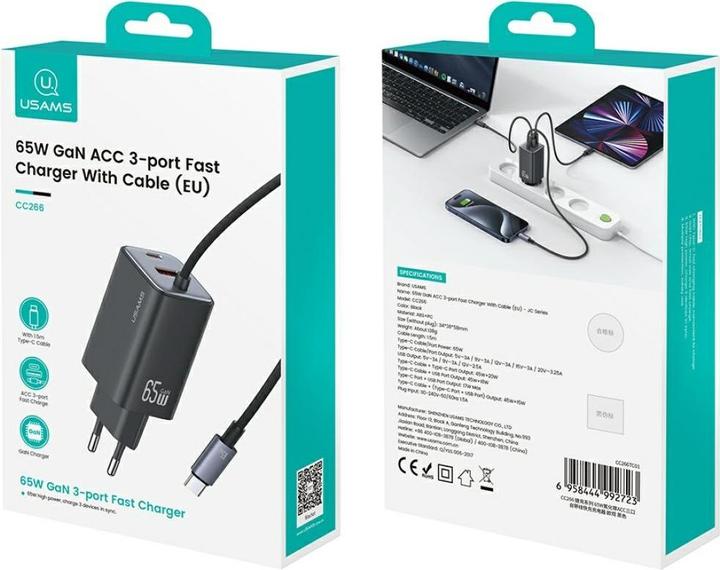 Immagine prodotto Usams Ładowarka sieciowa JC Series CC266 65W GaN Fast Charger 2xUSB-C 1xUSB-A czarny (65 W)