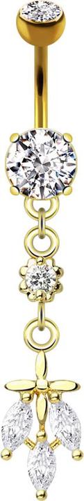 Produktbild Star Piercing Banane 14k vergoldet mit zwei Kugeln Kristall silber Anhänger drei Kristallblätter (Messing, Chirurgenstahl 316L)