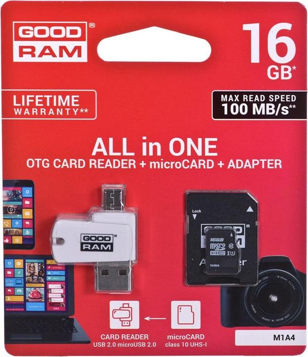 Produktbild Goodram M1A4-0160R12 memory card 16 GB MicroSDHC Class 10 UHS-I - High Capacity SD (Micr (16 GB, microSDHC, U1, UHS-I)