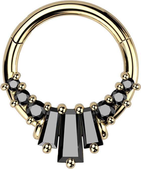 Star Piercing Micro Segmentring klappbar vergoldet sechs runde und drei Baquette Kristalle schwarz (Chirurgenstahl 316L, Messing)