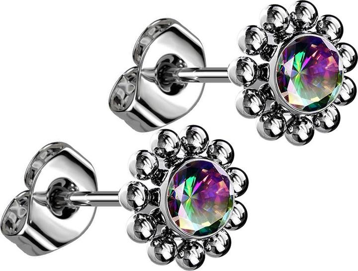 Actual product image Star Piercing Threadless stud earrings silver globe flower crystal dark multicolour (Titanium G23, without brass)