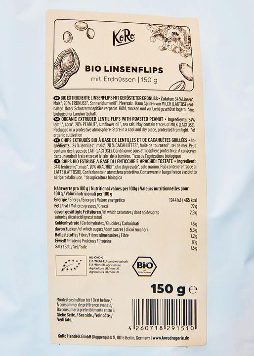 Valeurs nutritives et ingrédients KoRo Flips de lentilles extrudées bio avec cacahuètes grillées (2250 g)